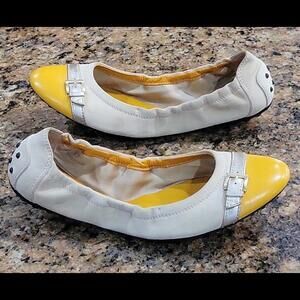 Tod's Yellow Cap Toe Beige Suede Scrunch Buckle Ballet Flats Womens Shoes 37 7